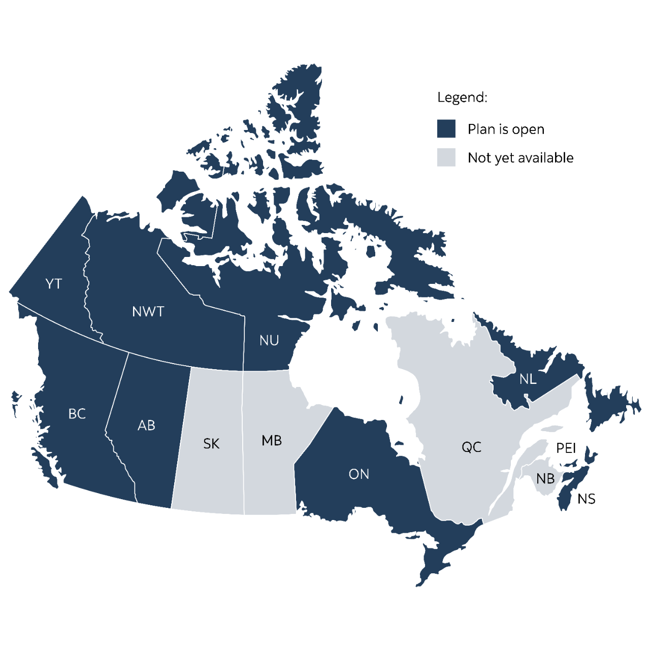 Canadian map showing provinces with service right now